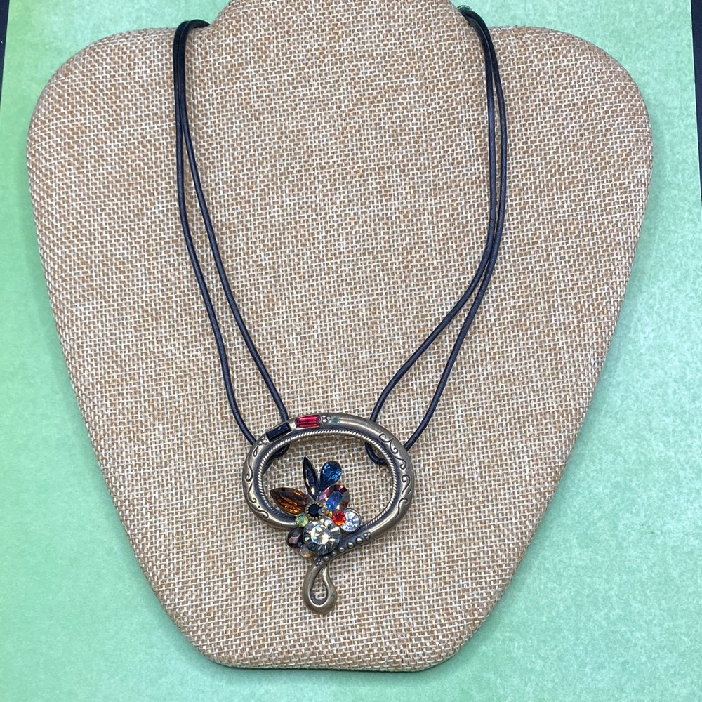 CHICO’S Dazzling Rhinestones Brass On Black Leatherette Cording Necklace